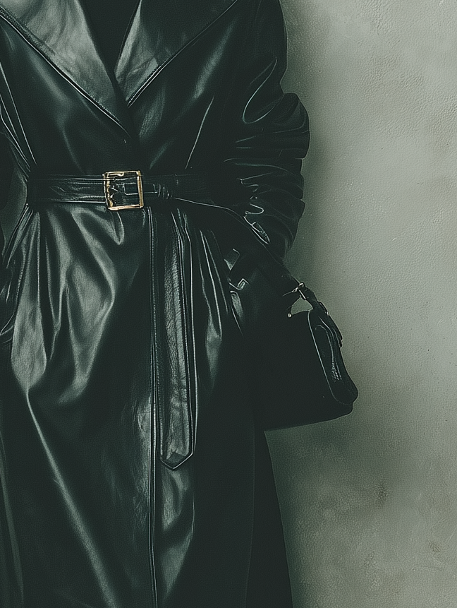 Women's Elegant Black Long Leather Coat With Lapel And Belt MDA1067K0AN