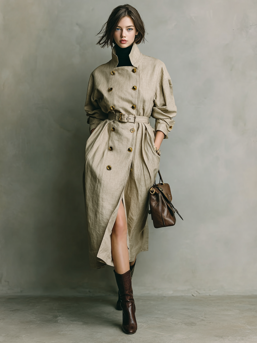 Women's Minimalist Cotton Linen Double-breasted Belted Mid-length Trench Coat MDA0921I5Y