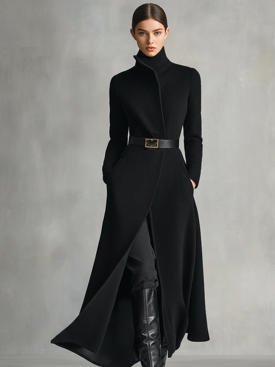 Women's Black Elegant Wool - Blend Turtleneck Belted Maxi Coat (without belt) MDA2807H5I