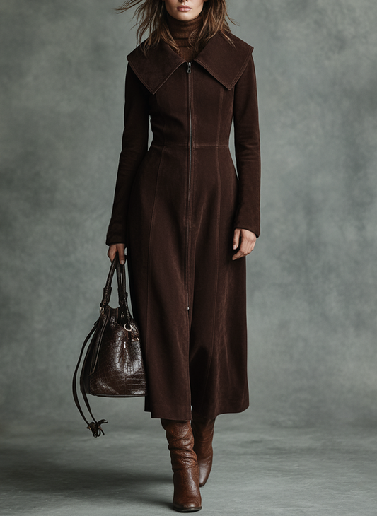 Women's Minimalist Faux Suede Sailor Collar Zipper Coat MDA2858J2Y