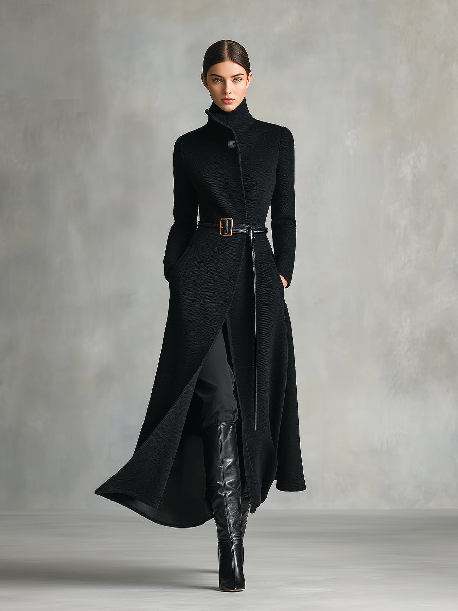 Women's Black Elegant Wool - Blend Turtleneck Belted Maxi Coat (without belt) MDA2807H5I