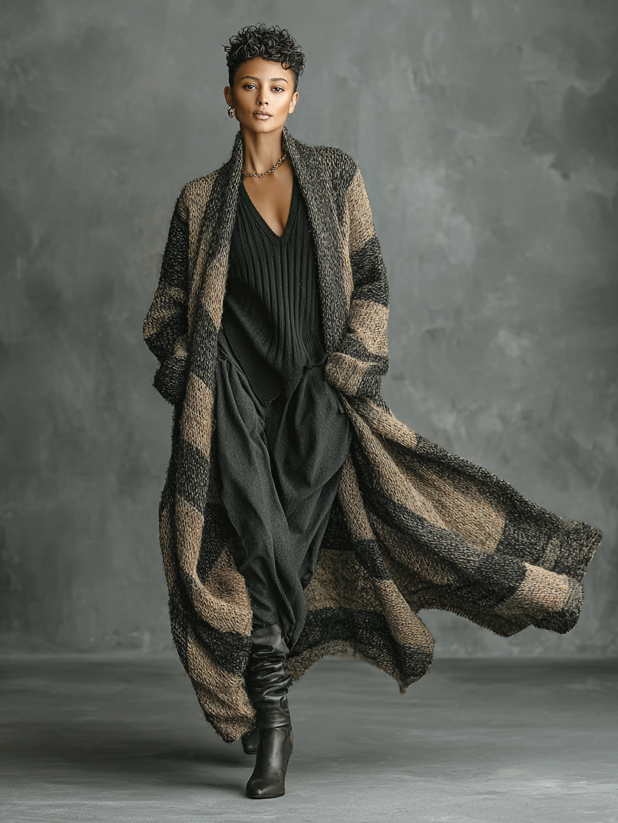 Women's Retro Loose Striped Colorblock Long Cardigan MDA2685H3Y