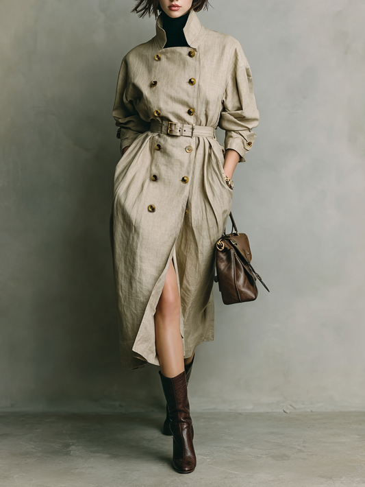 Women's Minimalist Cotton Linen Double-breasted Belted Mid-length Trench Coat MDA0921I5Y