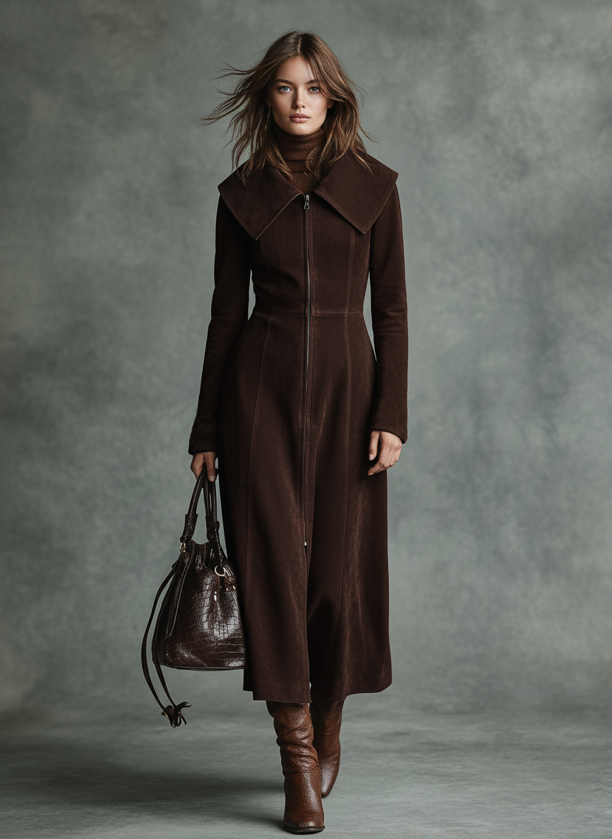 Women's Minimalist Faux Suede Sailor Collar Zipper Coat MDA2858J2Y