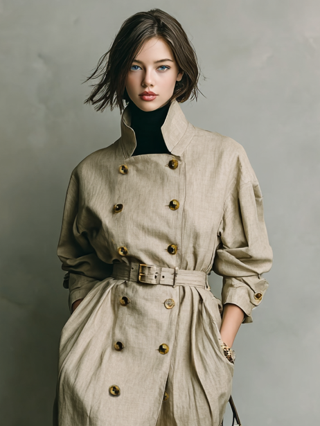 Women's Minimalist Cotton Linen Double-breasted Belted Mid-length Trench Coat MDA0921I5Y