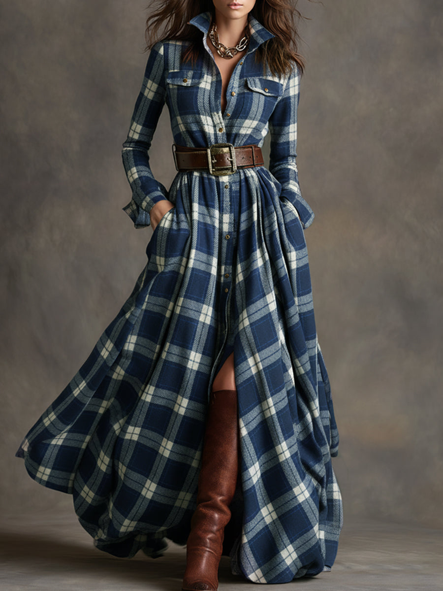Monica | Brown Plaid Maxi Dress (With Belt)