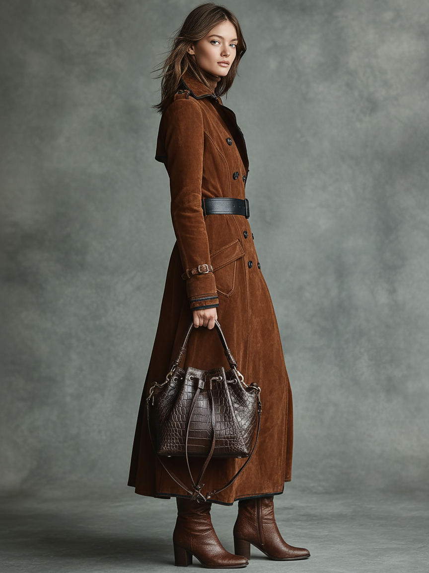 Women's Suede Trim Double-breasted Lapel Long Coat MDA2580H6Y