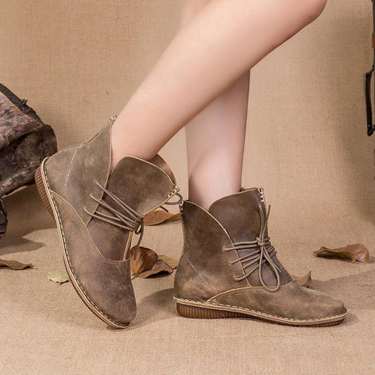WOMEN CROSS STRAP COWHIDE LEATHER ANKLE BOOTS