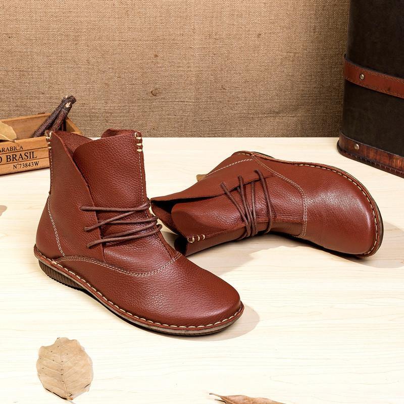WOMEN CROSS STRAP COWHIDE LEATHER ANKLE BOOTS