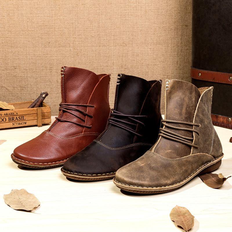 WOMEN CROSS STRAP COWHIDE LEATHER ANKLE BOOTS