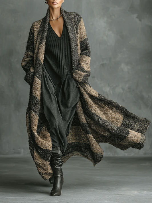 Women's Retro Loose Striped Colorblock Long Cardigan MDA2685H3Y