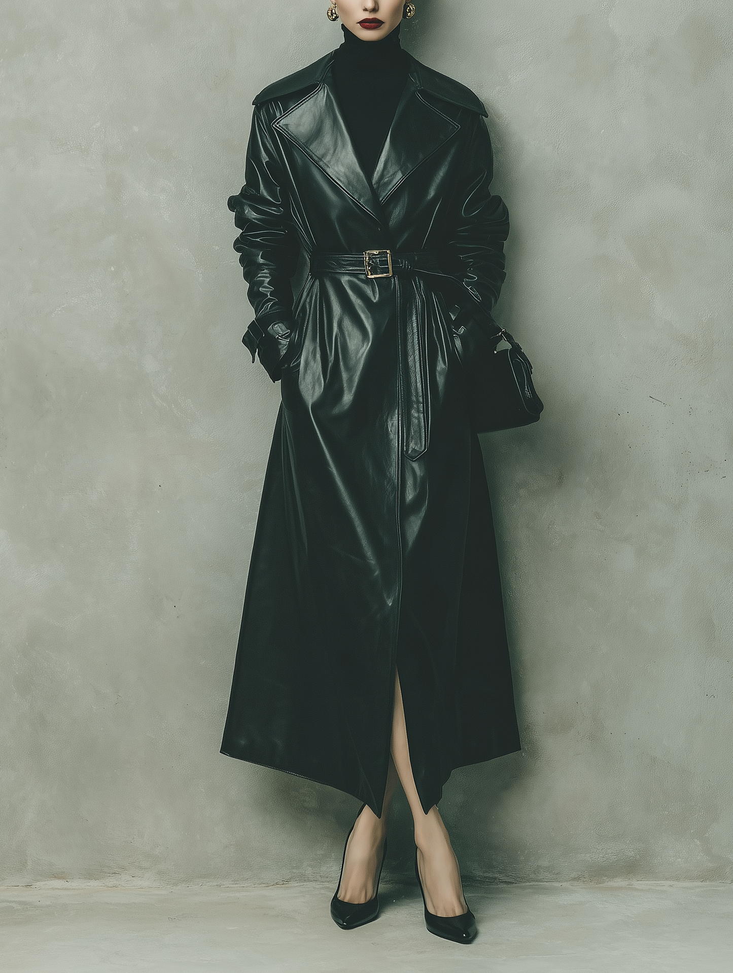 Women's Elegant Black Long Leather Coat With Lapel And Belt MDA1067K0AN
