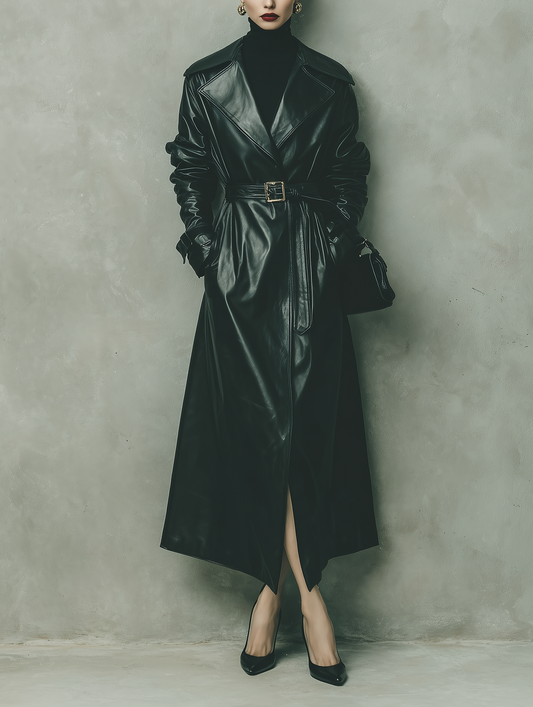 Women's Elegant Black Long Leather Coat With Lapel And Belt MDA1067K0AN