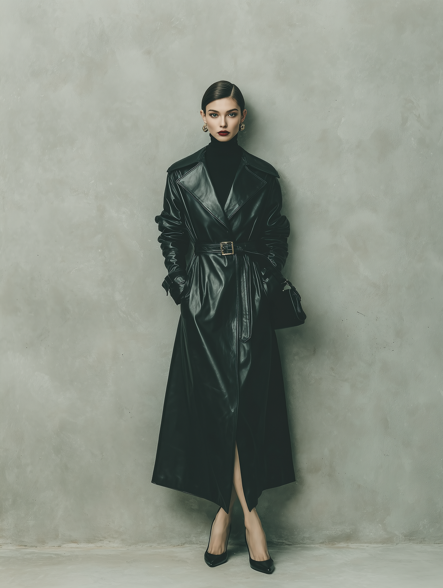 Women's Elegant Black Long Leather Coat With Lapel And Belt MDA1067K0AN