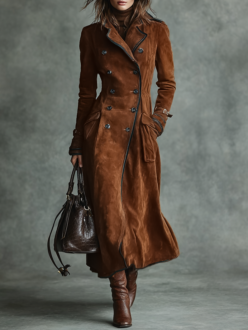 Women's Suede Trim Double-breasted Lapel Long Coat MDA2580H6Y