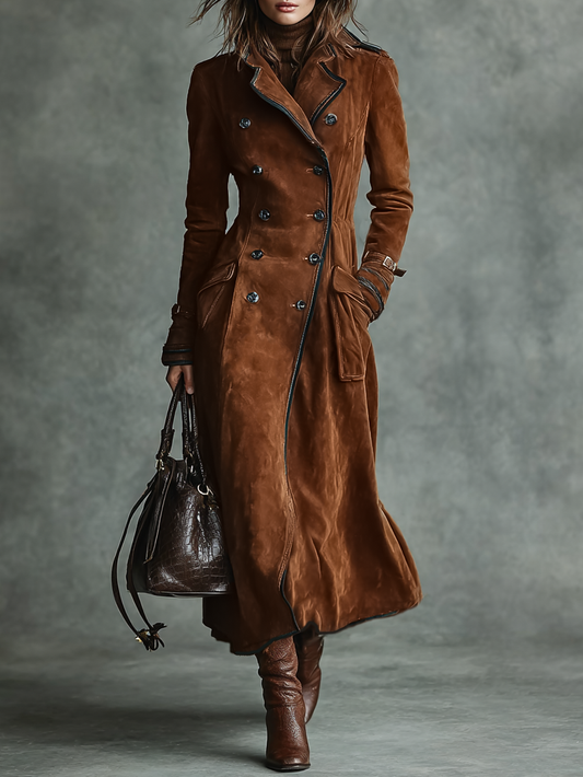 Women's Suede Trim Double-breasted Lapel Long Coat MDA2580H6Y