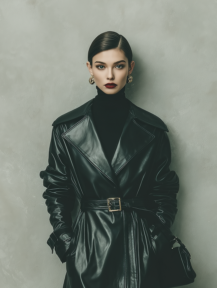Women's Elegant Black Long Leather Coat With Lapel And Belt MDA1067K0AN