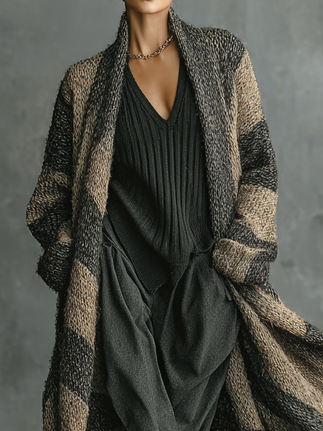 Women's Retro Loose Striped Colorblock Long Cardigan MDA2685H3Y