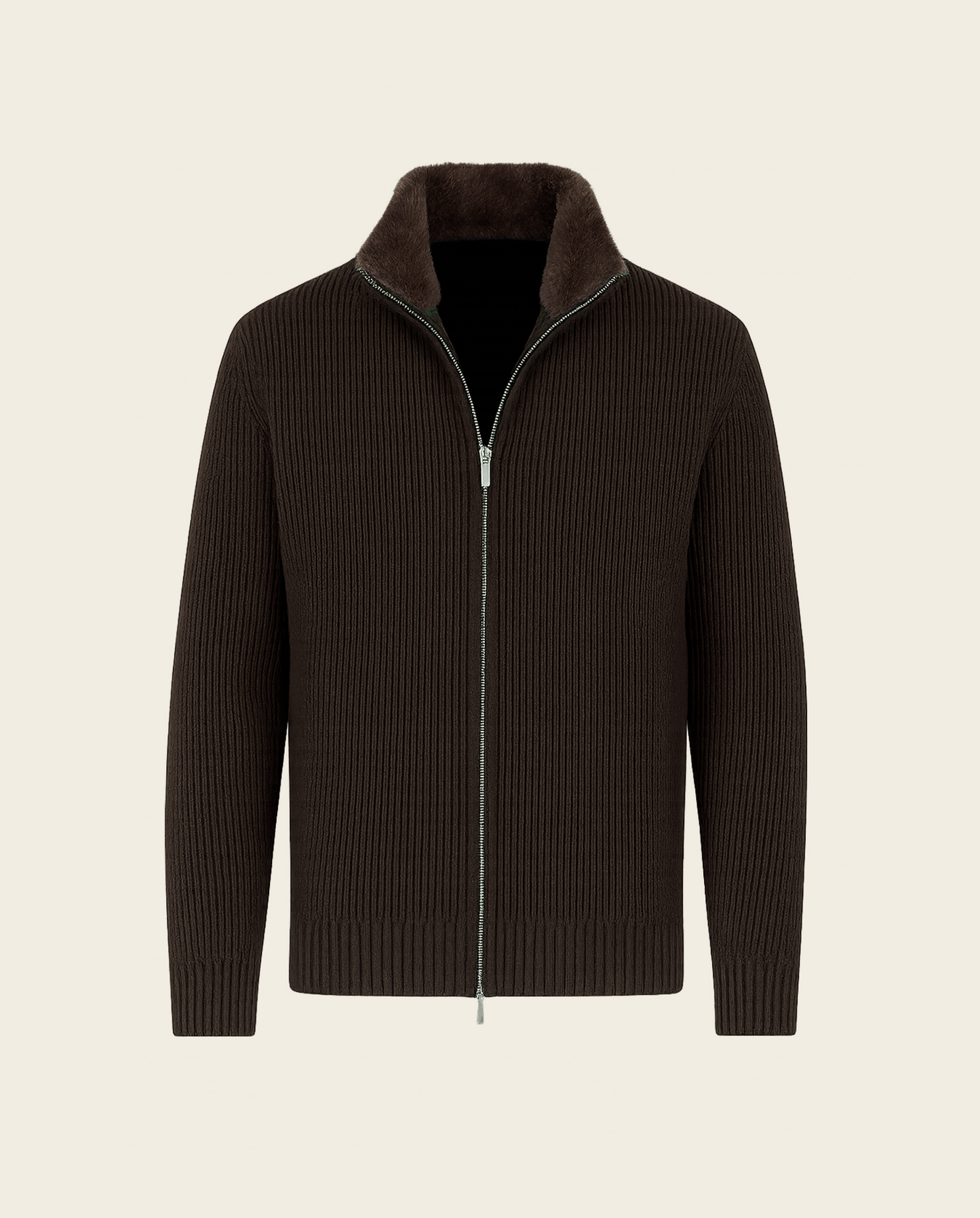 FURNECK KNIT JACKET - BROWN